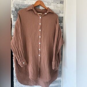 Women's 9Seed RESORT Long Duster Button Up Cotton Gauze Top Shirt-Brown-Sz M/L